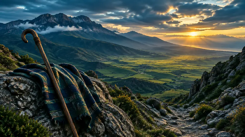 Montagnes du Rif à l’aube, avec une plaine en contrebas, un bâton de berger et un manteau tissé posés sur un rocher