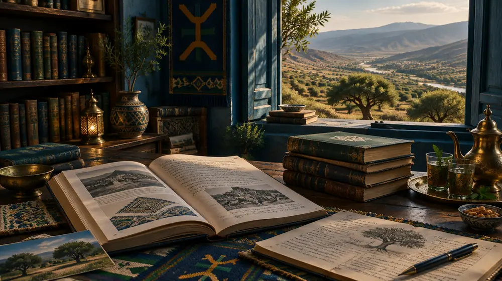 Cabinet de travail avec livres ouverts sur la littérature berbère, service à thé en laiton et vue sur la vallée du Souss