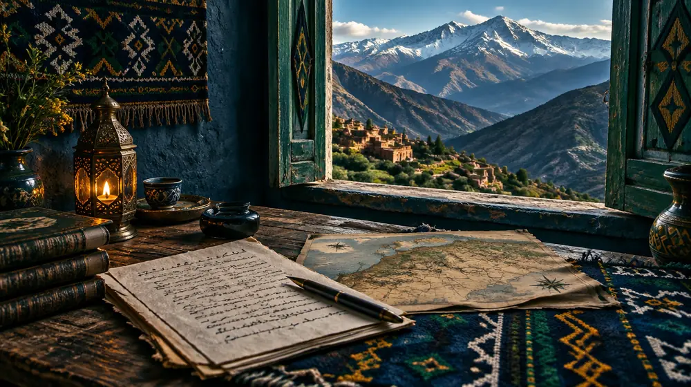 Bureau de poète devant une fenêtre ouverte sur le Haut Atlas, avec pages manuscrites, plume et tapis amazigh