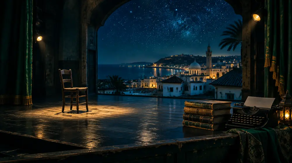 Scène de théâtre vide de nuit avec une chaise, des livres et une machine à écrire sous un ciel étoilé au-dessus d’une ville méditerranéenne