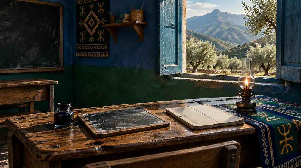 Salle de classe d’un village kabyle avec pupitre en bois, encrier, ardoise, cahier et lampe à huile devant des oliviers