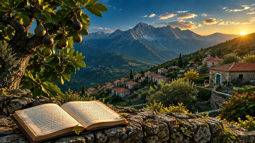 Village kabyle du Djurdjura à la lumière dorée, avec un livre de vers ouvert posé sur un muret de pierre