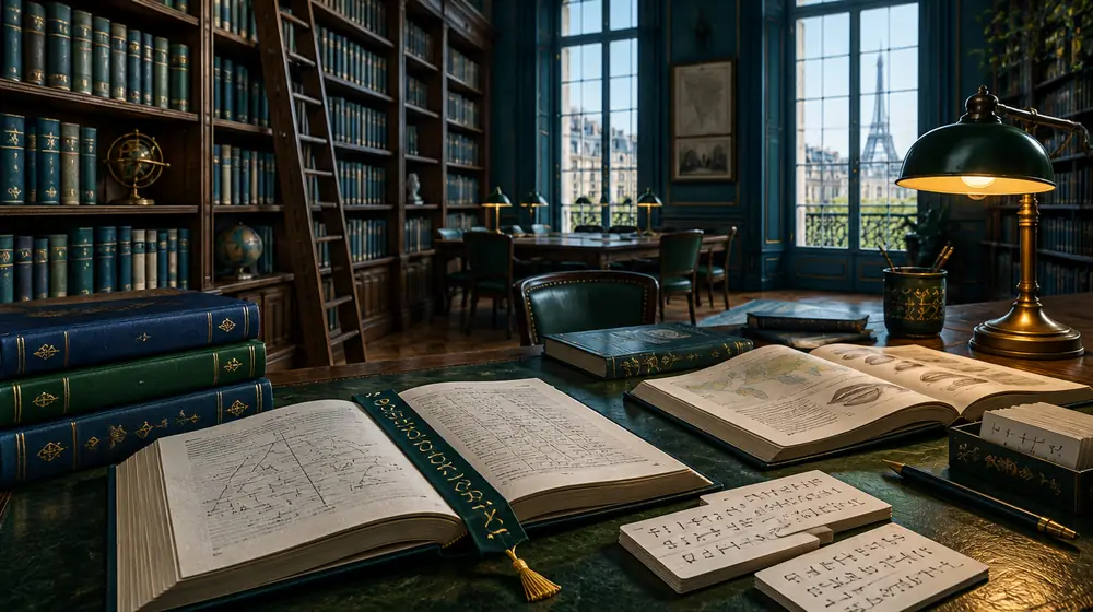 Bibliothèque universitaire parisienne avec rayonnages de linguistique, ouvrages de grammaire ouverts et lampe de bureau